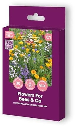 AGRONOM | FLOWERS FOR BEES AND CO | Mezcla de prados de flores y semillas de pasto | Pradera floreciente respetuosa con los insectos para abejas, abejorros y mariposas | 30 plantas | ~1Om²