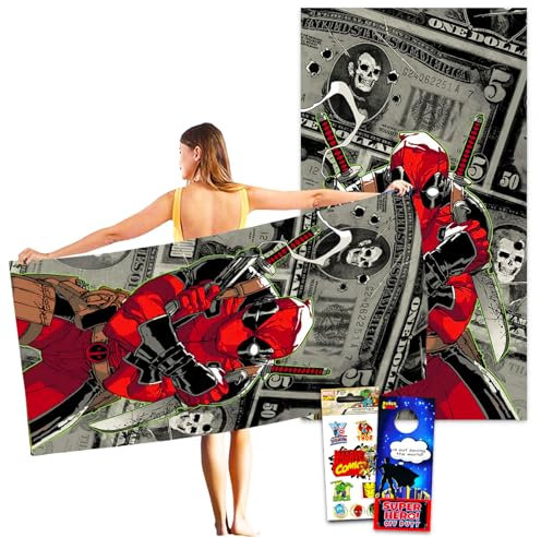 Marvel Deadpool Strandtuch-Set – Set mit 101,6 x 182,9 cm Deadpool-Mikrofaser-Poolhandtuch plus Aufklebern und mehr, Deadpool-Strandtuch für Kinder, Erwachsene