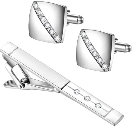 JewelryWe Herren Krawattenklammer und Manschettenknöpfe Set: 3er Business Hemd Krawattennadel Manschettenknopf Cufflinks Tie Clips mit Zirkonia für Hochzeit Smoking Party Geschäftstreffen Silber