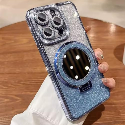 Altartar Glitzer Hülle für iPhone 12 Pro Magnetisch Handyhülle mit Ständer,Glitter Handyhülle iPhone 12 Pro Transparent Case mit Spiegel Makeup Schutzhülle Kratzfeste Ultradünn Cover-Blau