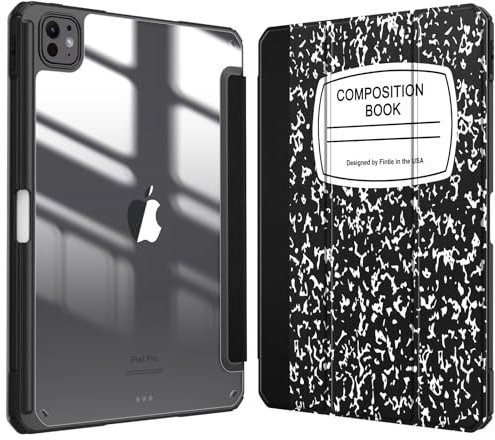 FINTIE Funda para iPad Pro 11 pulgadas (M4) 2024 con lápiz - Delgada ligera transparente carcasa trasera con borde de TPU suave, composition book