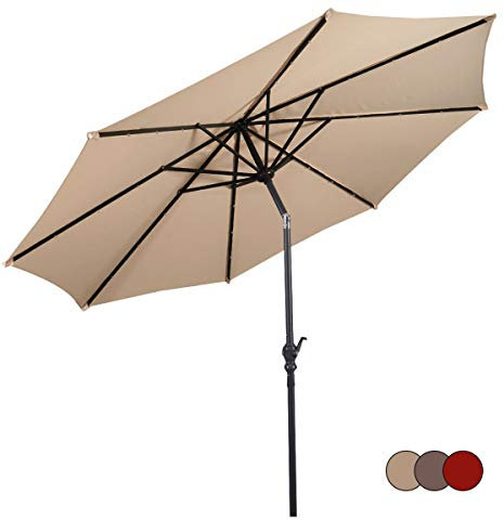 GOPLUS Sombrilla Terraza Exterior Ø 2,7/3m con LED Solar, Parasol Inclinable con Manivela y 6/8 Varillas, Protección Solar, Impermeable, Sombrilla para Jardín Patio Piscina Playa (270cm,Beige)