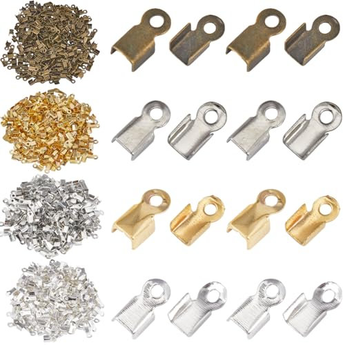 SOFPLATE 1 Box 1200Pcs 4 Colors 3mm Fold Over Cord Ends Crimp End Findings Fold-Over End Caps Terminators Crimps End Tips Iron Leather Jewellery Connector for Jewellery Making Supplies DIY Crafts