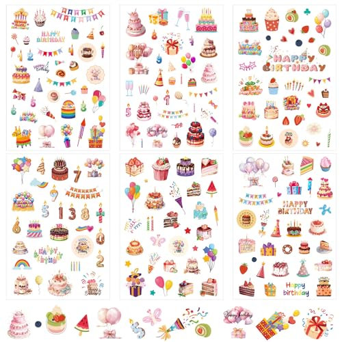 12 Bögen Happy Birthday-Aufkleber Farbenfrohe Süße Glatte Happy Birthday-Aufkleber in 6 Stilen für Geburtstagspartys Geschenkkarten Umschläge Sammelalben für Kinder und Erwachsene
