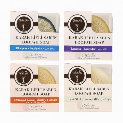Naturale Seife mit Kürbisfasern 4 Seifen mit Eselmilch, Lavendel, Eukalyptus & Vitamin C mit Kollagen – feuchtigkeitsspendend & hautpflegend 100% Natural & Handmade