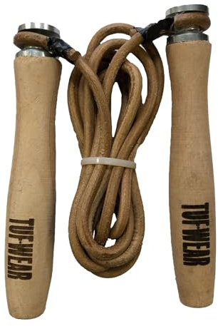 Tuf Wear Leather Skipping Boxing Fitness Training Gym Cardio Wooden Handles Fast Speed Bearing Swivels Skip Jump Rope, 7ft, 8ft, 9ft, 10ft, TW13532