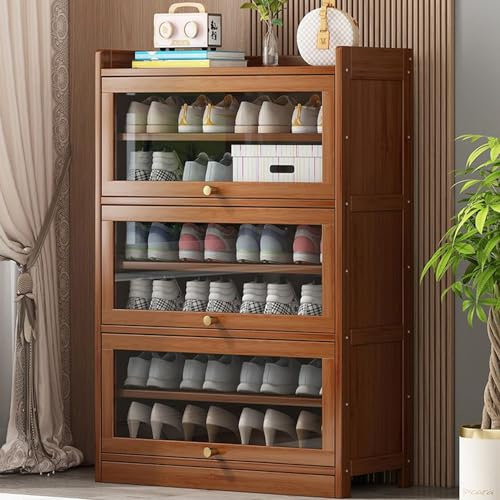 Vaianna Bambus Schuhschrank mit transparenter Tür, Schuhregal mit großer Kapazität mit Klapptür für Eingang, Wohnzimmer, Schlafzimmer (Braun, 70cm,7-Lagen)