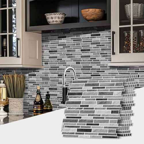 Alwayspon Tile Sticker, 12inch/30.5cm 10Pcs Grey Marble Effect Self Adhesive Stick on Tiles Transfer for Bathroom Kitchen, Backsplash, Peel and Stick Vinyl Tiles Sticker