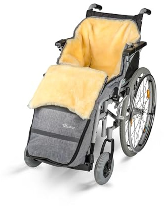 Rollstuhl Fußsack mit Lammfell für Erwachsene (M-XL) u. Kinder (S), Schlupfsack, Rollstuhldecke 100% Merino-Lammfell, OEKO-TEX zertifiziert, waschbar bei 30 °C (Balck-melange, M / 120 cm)
