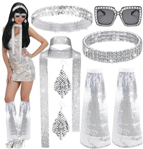 6 Stück Disco 70er 80er 90er Jahre Kostüm Accessoires Glitzer Haarbänder Disco Haarband Sonnenbrille Strass Halskette Pailletten Ohrringe Armband Outfit Damen für Fasching Karneval Kostüm