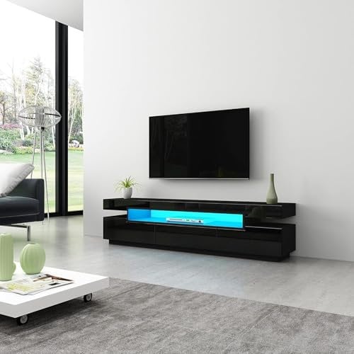 LED TV Schrank, Moderner 160cm Hochglanz TV Lowboard mit 3 Schubladen, Sideboard für Schlafzimmer, Wohnzimmer, Wohnmöbel (Schwarz)