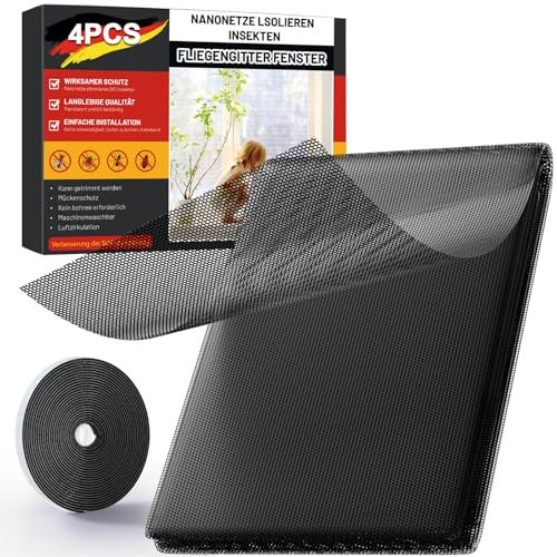 ZUIYIN Fliegengitter für Fenster (4er Set | 130 x 150 cm | Schwarz) – Zuschneidbarer Insektenschutz & Mückenschutz Fenster ohne Bohren, Upgrade 2.0 mit Stärkerer Klebekraft