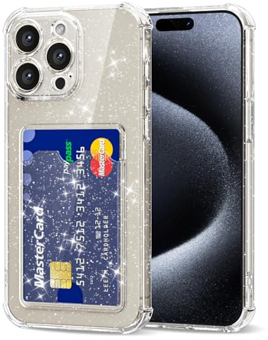 Svanove für iPhone 15 Pro Hülle Glitzer Kartenfach Durchsichtig, Dünn Silikon Transparent Karten Wallet Handyhülle mit Kameraschutz, Klar TPU Karte Handy hülle Kartenhalter Schutzhülle Slim Case