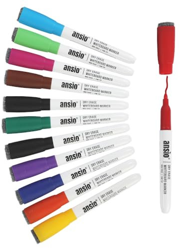 ANSIO Whiteboard Pens Pack of 12 – Assorted Whiteboard Markers with Fine Tip, Eraser, and Magnetic Lids – Dry Wipe Pens for Whiteboard