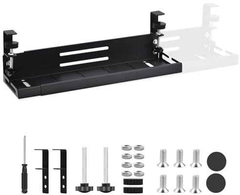 Retractable Under Desk Cable Management Tray No Drill, 43–76 cm Length × 13cm Wide, Adjustable Long Wire Organiser with Clamp Mount – Cord Tidy for Office, Gaming Desk, Office Workspace – Black