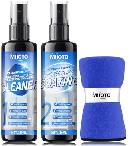Miioto Detersivo Vetri, Pulisci Vetro Doccia, Anticalcare Bagno, Bagno Effetto Disappannante, Doccia per Vetri, Doccia, Vasca, Piastrelle, Ceramica, 200ml (100ml Pulizia + 100ml Rivestimento)