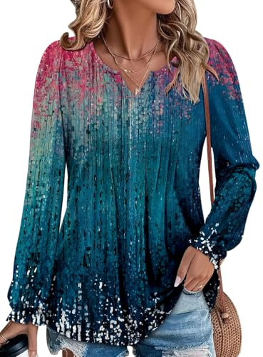 CHICZONE Women's Tops V Neck Pleated Shirts Casual Work Blouses Puff Long Sleeve Dressy