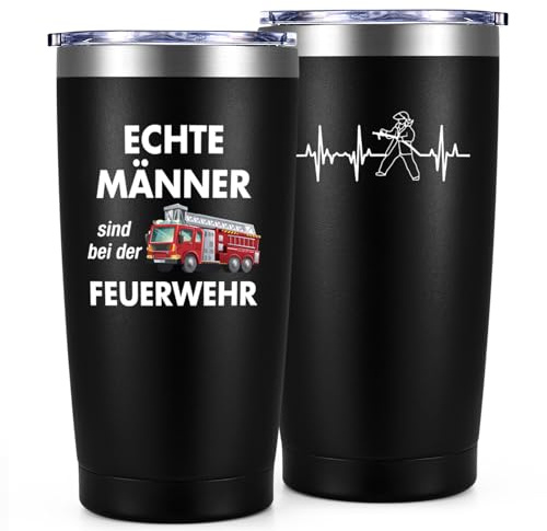 Livole Feuerwehr Geschenke für Männer, Bruder, Freund, Geschenk für Feuerwehrmann, Feuerwehrauto Tasse - Echte Männer sind bei der Feuerwehr - Feuerwehrmann Herzschlag, 600ml Edelstahl Kaffeebecher
