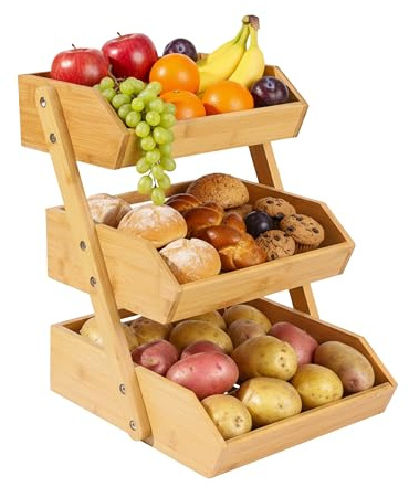 Relaxdays Obst Etagere Bambus, 3 Etagen, HBT 41x33x30 cm, Korbetagere für Obst, Gemüse & Gebäck, Obstschale Küche, natur