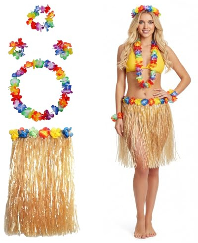 Xvbhaq Hawaii Mottoparty Kostüme Set, Hula Rock mit Blumenketten Hawaii, Girlanden Gras Rock für Erwachsene, Leis für Tropical Luau Party Supplies