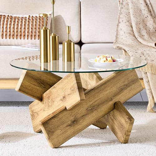 phosir Table basse ronde avec plateau en verre et pieds en grain de bois, Ø 79 x 45 cm, table de salon moderne, avec cadre en croix, verre trempé, design MDF + verre, élégante table café (chêne)