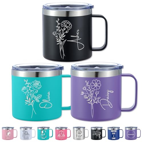 Gridachi Personalised Insulated Coffee Tumbler 12/14oz Engraved Stainless Steel Coffee Mug with Name Logo Text Custom Travel Mug with Handle and Lid Tumbler Gift for Women, Men, Friends