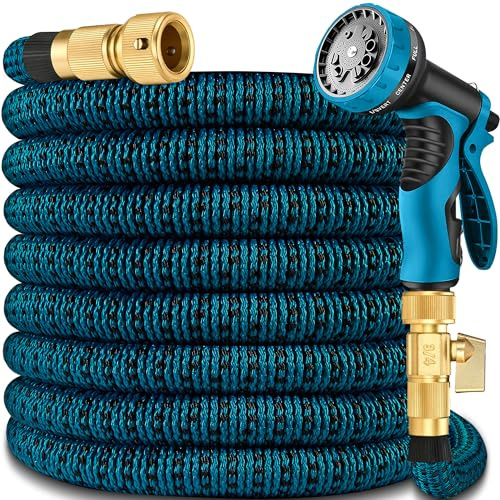 100ft Expandable Garden Hose Pipe, Flexible Water Hose w/10 Function Spray Gun & 2-in-1 Valve Quick Fittings, Lightweight, Durable, Kink-Free, Heavy Duty Expanding Hosepipes for Garden(Blue Black)