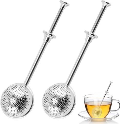 2 PCS Stainless Steel Tea Strainer Ball for Loose Leaf Tea, Long Handle Fine Mesh Tea Ball Strainer, Reusable Rotary Lock Design for Cups, Teapots and Mugs