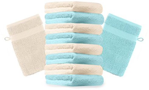 Betz 10 Stück Waschhandschuhe Premium 100% Baumwolle Waschlappen Set 16x21 cm Farbe beige und türkis