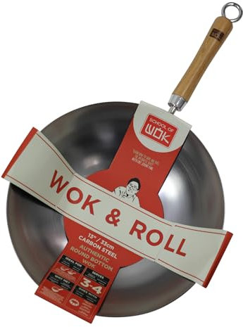 School of Wok - 13/33cm Carbon Steel Wok, Authentic Round Bottom, Bamboo Handle