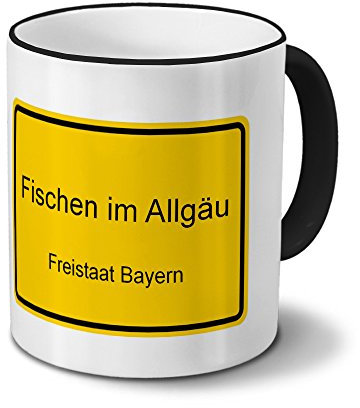 digital print Städtetasse Fischen im Allgäu - Design Ortsschild - Stadt-Tasse, Kaffeebecher, City-Mug, Becher, Kaffeetasse - Farbe Schwarz