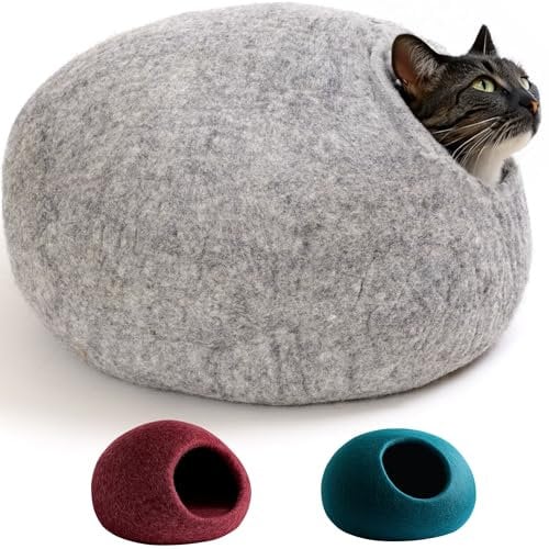 XL Katzenhöhle Katzenbett Katzenhaus – feinste Romney Wolle – kräftig gefilzt – außen robust & innen kuschelig weich – 3 Farben – Hellgrau