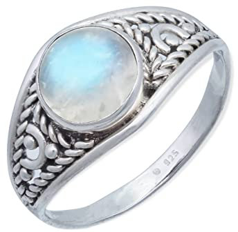 mantraroma Damen Ring Silber mit Stein Regenbogen Mondstein Edelstein weiß ausgefallen verspielt