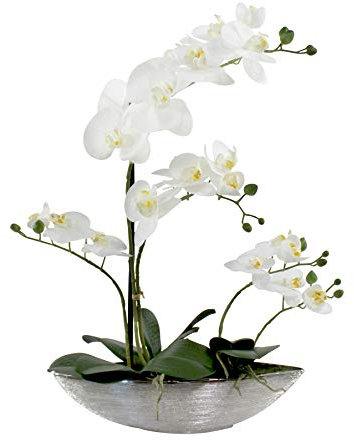 DARO DEKO Kunst-Pflanze Orchidee Schiffchen Topf Silber glänzend und weiße Blüten 53cm hoch