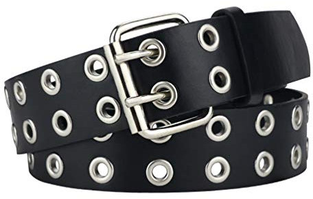 Doppel Ösen PU Leder Gürtel für Frauen – Nieten Gürtel für Jeans, 3,3 cm breit - Schwarz - 42W x 47L