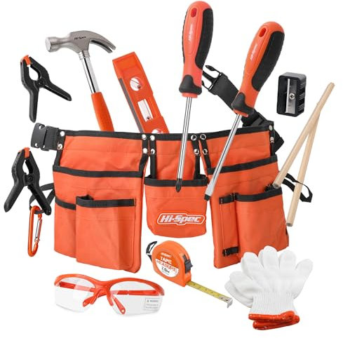 Hi-Spec 16pc Orange Kids Tool Kit Set Age 6+ & Child Size Tool Belt. Boys and Girls Real Metal DIY Kit for Building, Woodwork, Construction and Crafts Learning for Kids