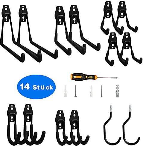 LAVAVIDA Haken,14 Stück Garage Storage Doppelhaken Wandhaken Gerätehaken, Multi Größe Heavy Duty Eisen Werkzeughalter Fahrrad Wandhalterung für Home Chair Ladder, Organisation, Elektrowerkzeugen