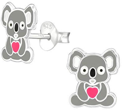 Boucles d'oreilles koala en argent sterling 925 avec cœur rose, Argent