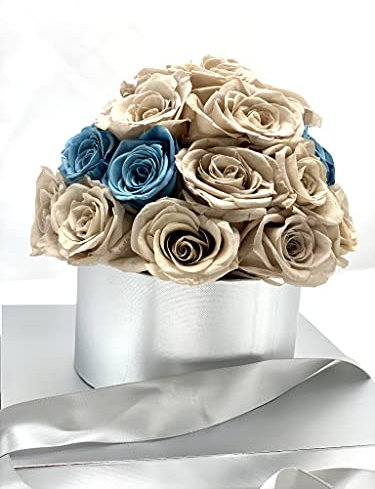 SUPERMOLON Bouquet Rosas preservadas - Flores día de la Madre - Rosas eternas en Caja Transparente con DEDICATORIA (25 Rosas Azules y Caqui Caja Plateada)