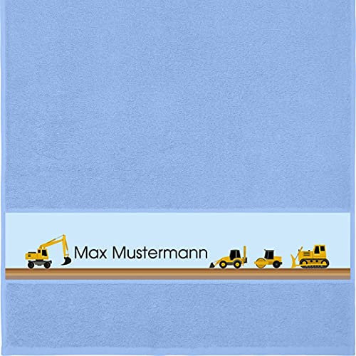 Handtuch mit Namen - personalisiert - Motiv Baustelle - viele Farben & Motive - Dusch-Handtuch - hellblau - Größe 50x100 cm - persönliches Geschenk mit Wunsch-Motiv und Wunsch-Name