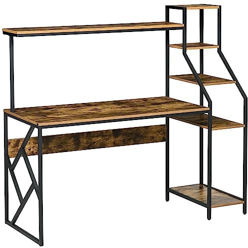 HOMCOM Computer Desk with Bookshelf, Industrial Writing Table with 6 Tier Storage Shelves for Home Office, Bedroom, Study, 150 x 55 x 138cm, Rustic Brown