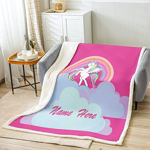 Einhorn Wohndecke Rosa Personalisierter individueller Name Einhorn Kuscheldecke für Baby Verträumtes Pferd Regenbogen Decke 150x200cm Atmungsaktiv Niedlich Magisches Tier Flanell Fleecedecke