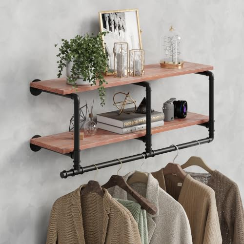 Industrielle Rohr-Kleiderständer mit oberem Regal, platzsparende Wandmontage, 2 Ebenen, Regal mit Kleiderstange für Schrankaufbewahrung, Hängeregal Waschküche (2 Ebenen, Braun)