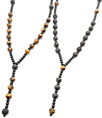 Handmade Halskette Männer Kette für Herren Biker Perlenkette Rosenkranz Damen Frauen Tigerauge Schwarz Onyx Lava Halbedelstein Gebet y-kette