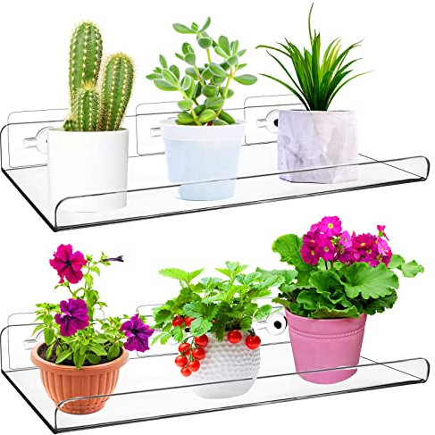 Welecom 2 Pack 12 Inch Acrylic Window Sill Extender for Plants, Window Planter Shelves, Removable Flower Pot Holder Ledge, Suction Cup Shelf for Indoor Plants