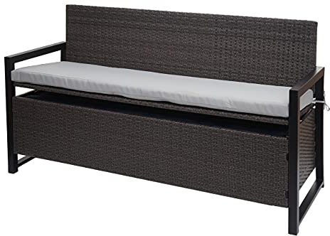 Mendler Poly-Rattan 3er Sitzbank HWC-F39AM, Gartenbank Truhenbank, Staufach Aufbewahrung Sitzkissen - grau, Kissen grau