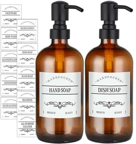Lot de 2 distributeurs de savon en verre ambré, distributeur de savon rechargeable en verre avec pompe en acier inoxydable, contient 12 types d'étiquettes imperméables
