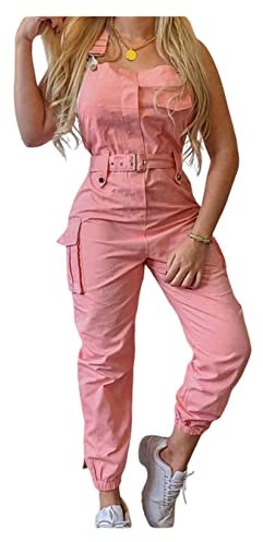 Dawwoti Women's Workwear Jumpsuit Belt Sleeveless Overalls One Piece Pants Pink