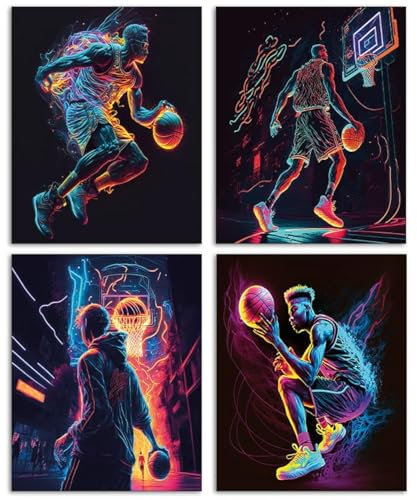 HTTG Basketball-Poster, Neonlicht, Set von 4 (20.3x25.4 cm), ungerahmt, Sport-Leinwand, Wandkunst, Superstar-Poster für Wände, Dekoration, Schlafzimmer, Wohnzimmer, Sport, Basketball-Fan