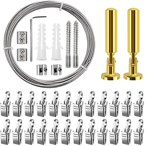 YIXISI 5m Wandhalterung Set, mit 24 Stück Metall Clips Haken, Edelstahl Vorhangdraht, Gardine Stahlseil, für Foto-Draht, Wäscheleine, Draht, Fenster, Vorhang, Spanndraht (Gold)